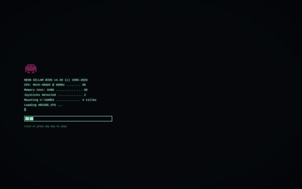 Arcade OS landing page for gaming: An indie game studio that boots like a 1996 desktop — every section is a draggable window.