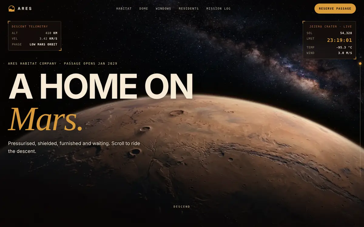 Ares landing page for space & habitat: A home on Mars — scroll down from low orbit to the surface of Jezero Crater.