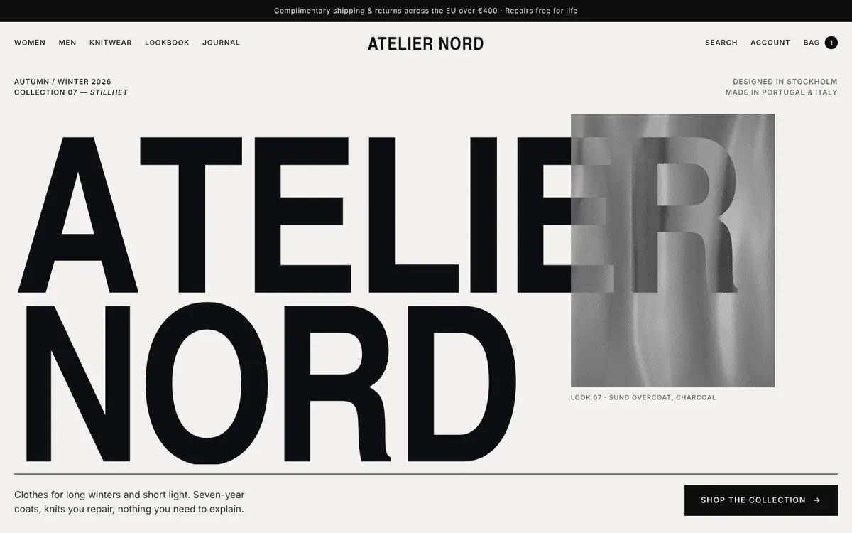 Atelier Nord landing page for fashion / e-commerce: Scandinavian fashion e-commerce — monochrome, condensed, art-directed.