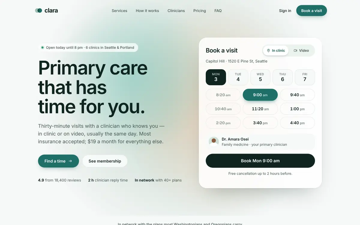 Clara landing page for healthcare: Primary care and a virtual clinic that has time for you.