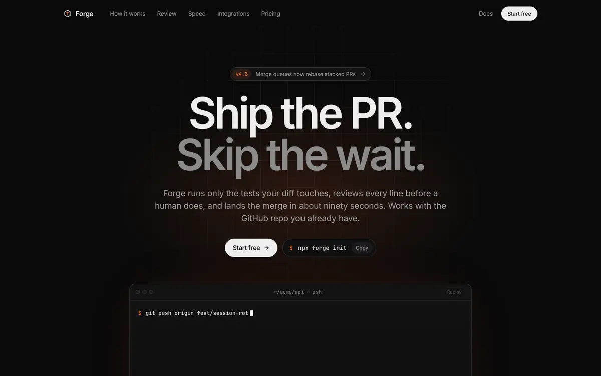 Forge landing page for developer tools: Dark, hairline dev-tool site where the CI pipeline runs as you scroll.