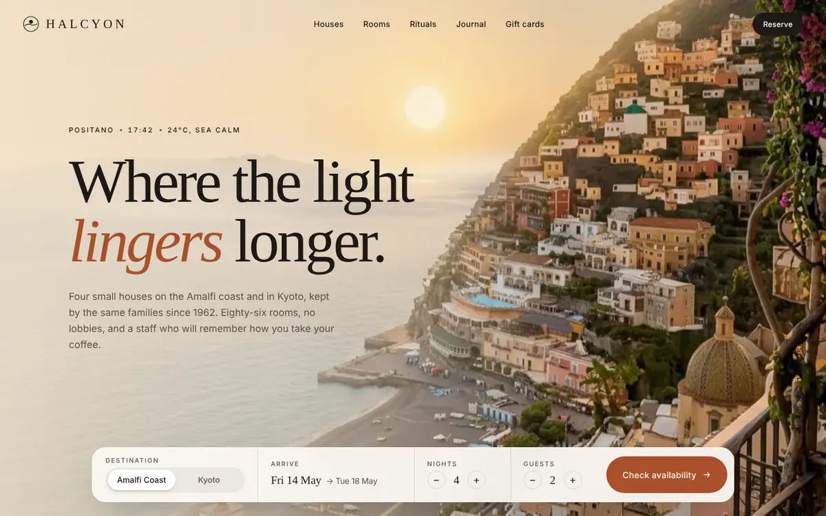 Halcyon landing page for hospitality: Boutique hotels on the Amalfi coast and in Kyoto — golden hour to dusk as you scroll.