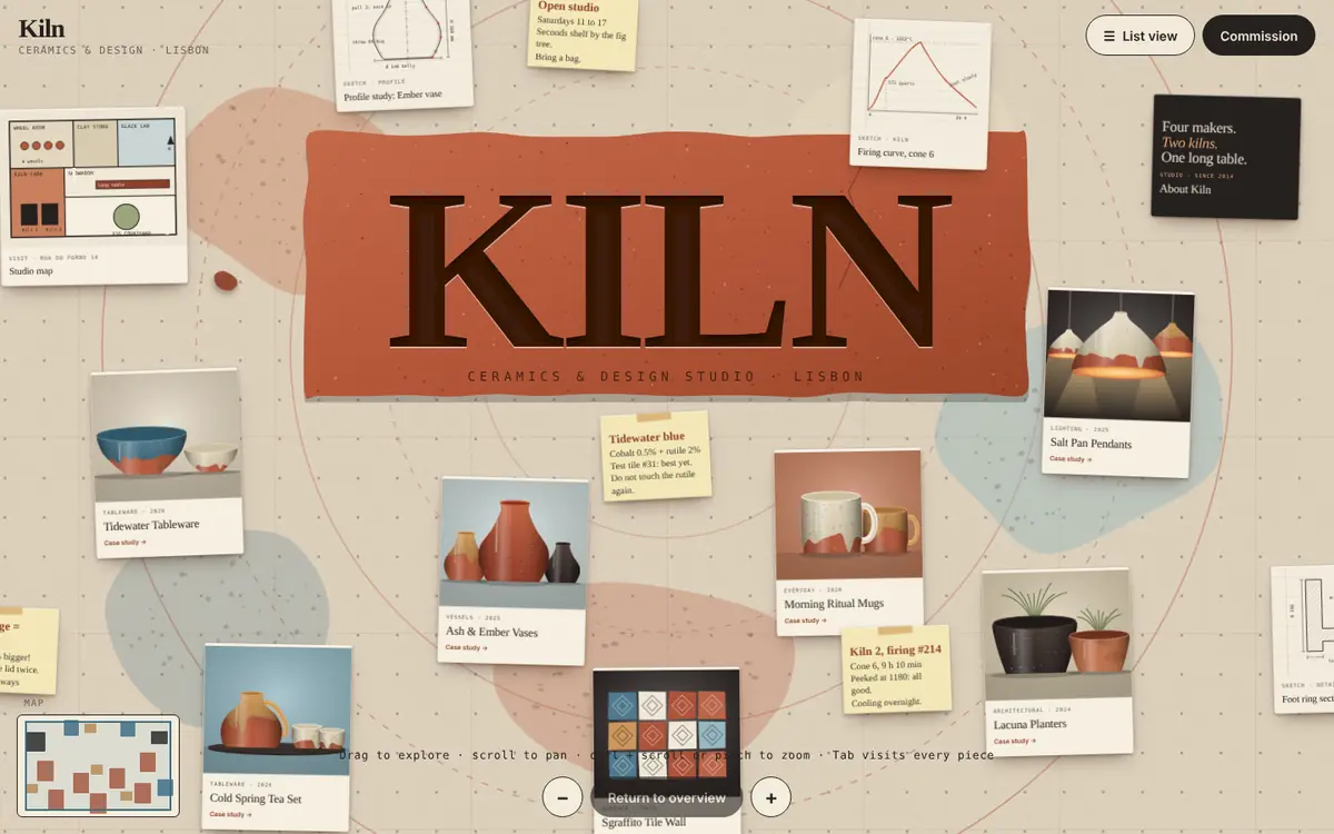 Kiln landing page for creative studio / ceramics: A ceramics studio whose entire portfolio is an infinite canvas you drag, zoom and fly through.
