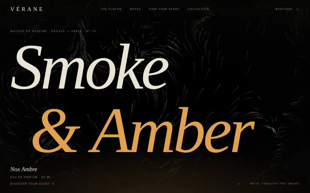 Noir landing page for luxury fragrance: A perfume house in black, bone and a single amber — smoke you can stir, a flacon the light walks across.