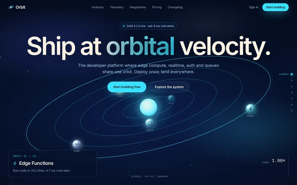 Orbit landing page for saas / developer platform: A developer-platform launch page built as a solar system — scroll to fly the camera inward through every orbit.