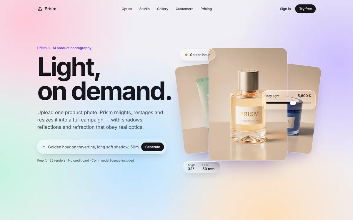 Prism landing page for ai · creative tools: Apple-style Liquid Glass landing page for an AI product-photography studio.