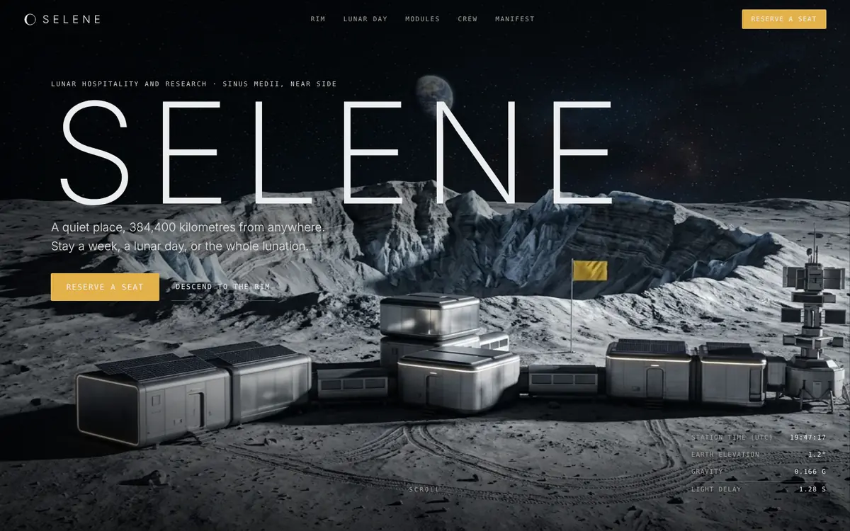 Selene landing page for space & research: A lunar base for research and quiet — Earth rises as you scroll, footprints print themselves.