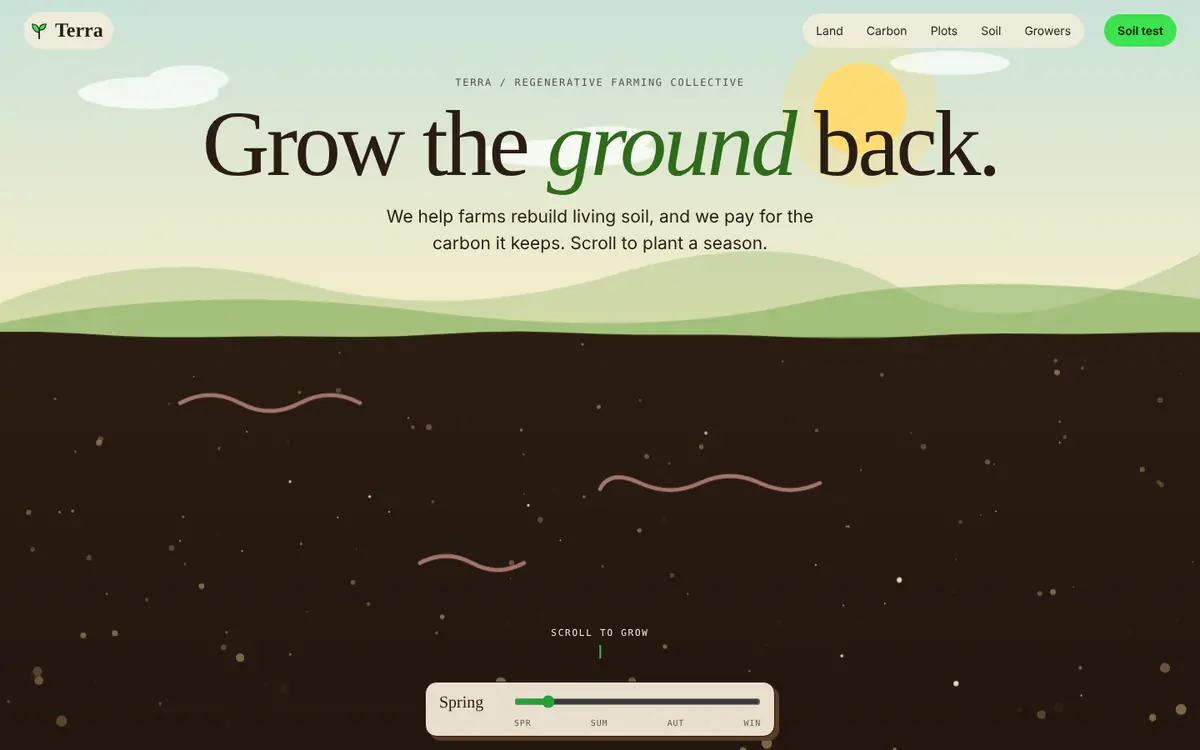 Terra landing page for climate & agtech: Regenerative farming where the page itself grows — sky to root zone as you scroll.