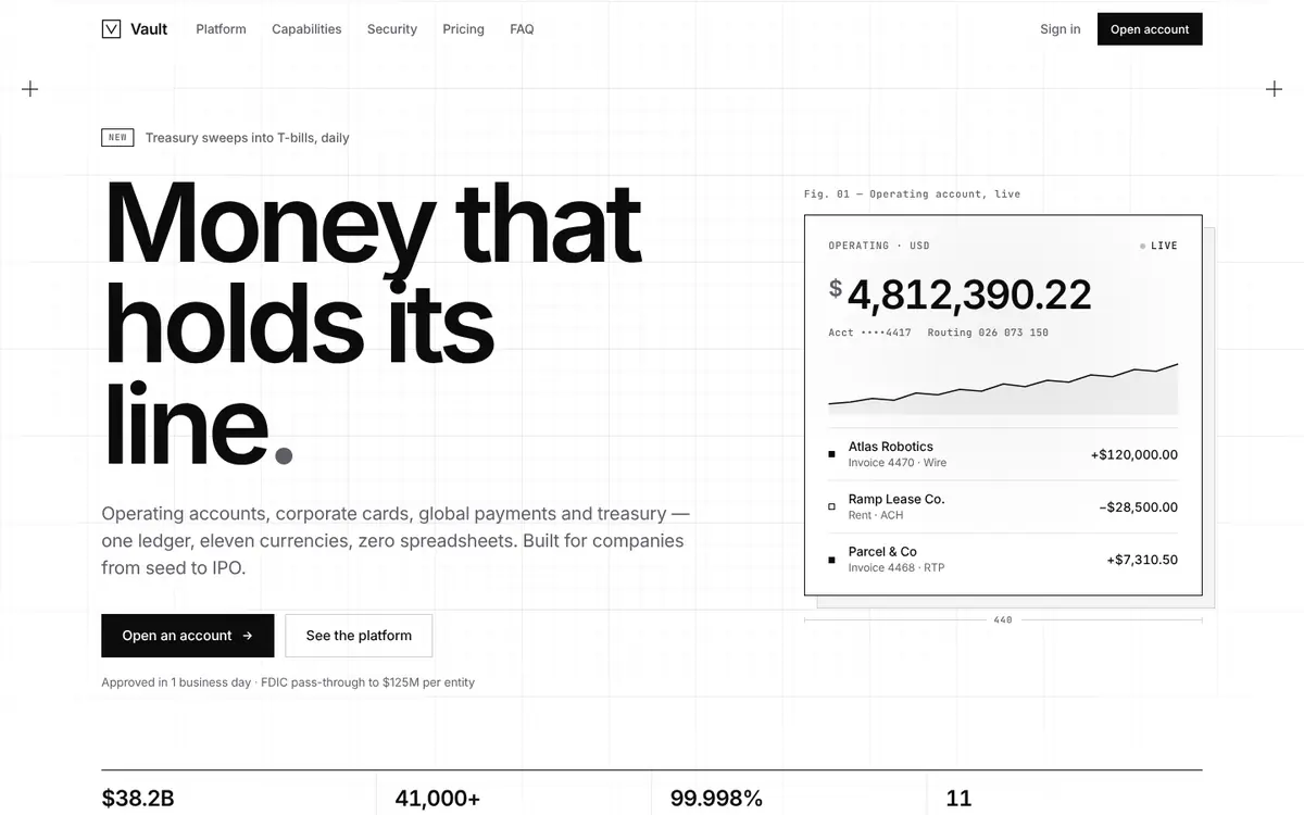 Vault landing page for fintech: Monochrome business-banking site with a dashboard that assembles as you scroll.